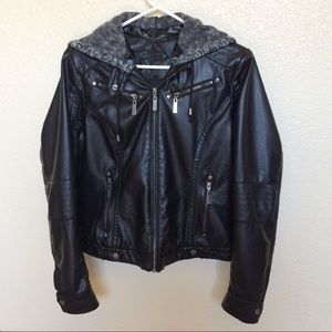Faux leather jacket with removable hood